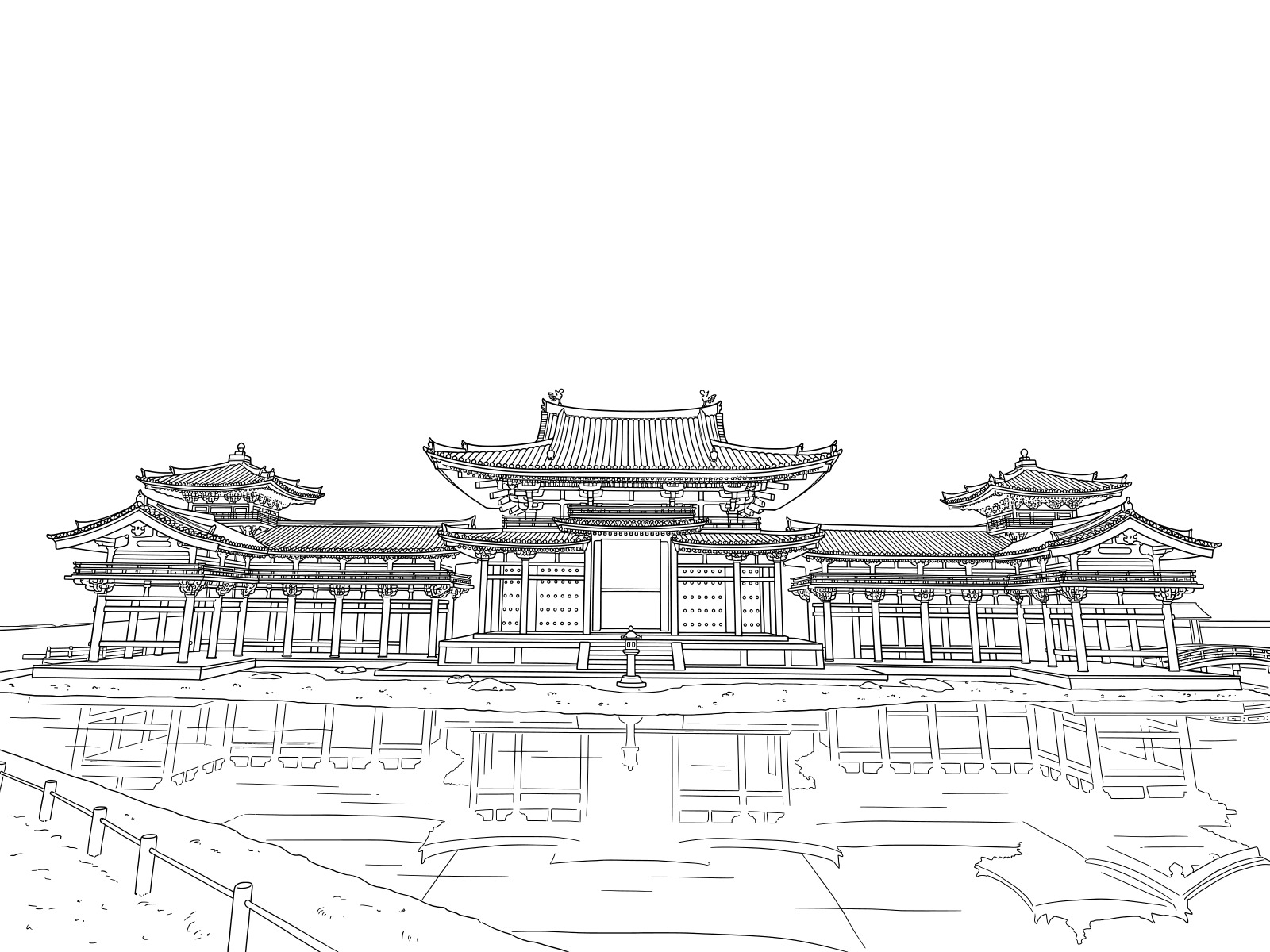 平等院鳳凰堂の無料塗り絵イラスト（知育・高齢者レク用）