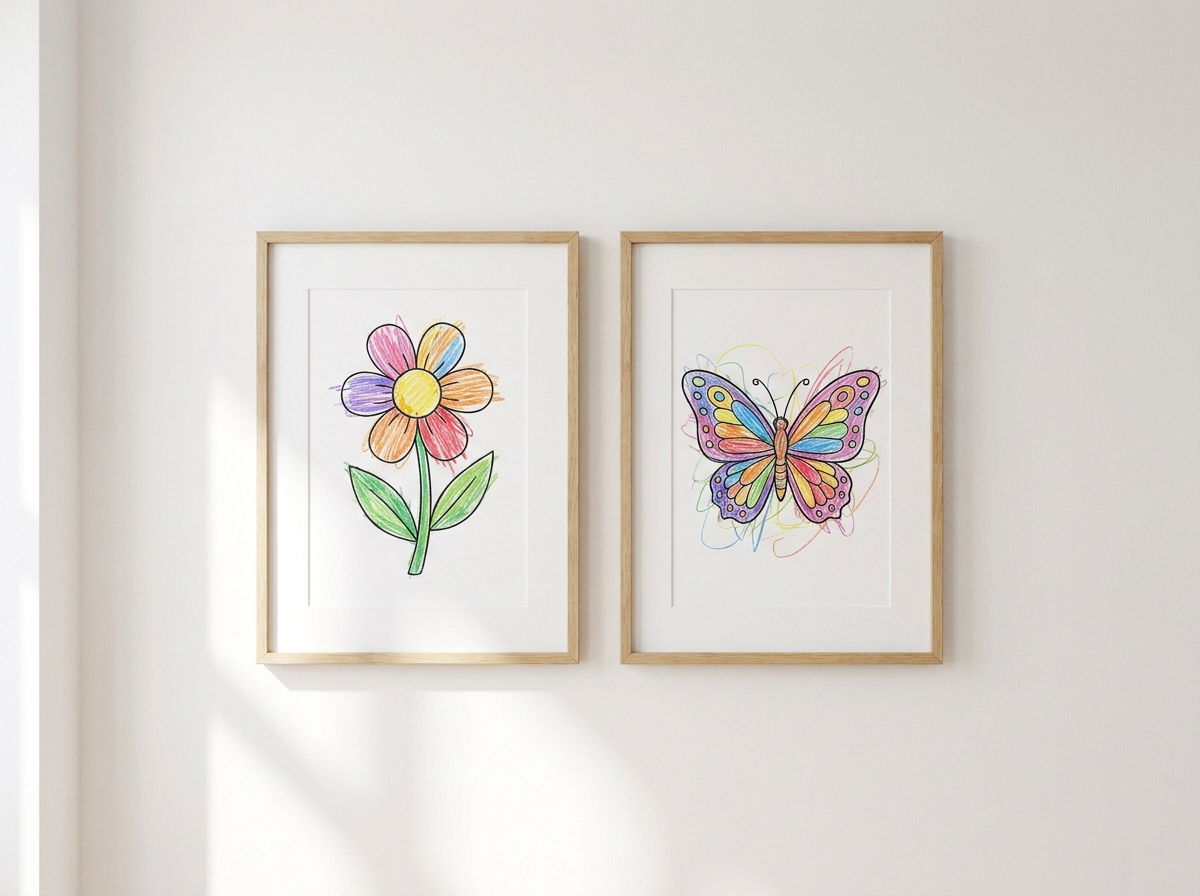 額に入れて壁に飾った子どものぬりえ作品