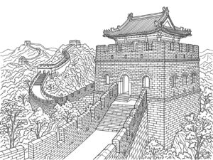 万里の長城の無料塗り絵イラスト（知育・高齢者レク用）