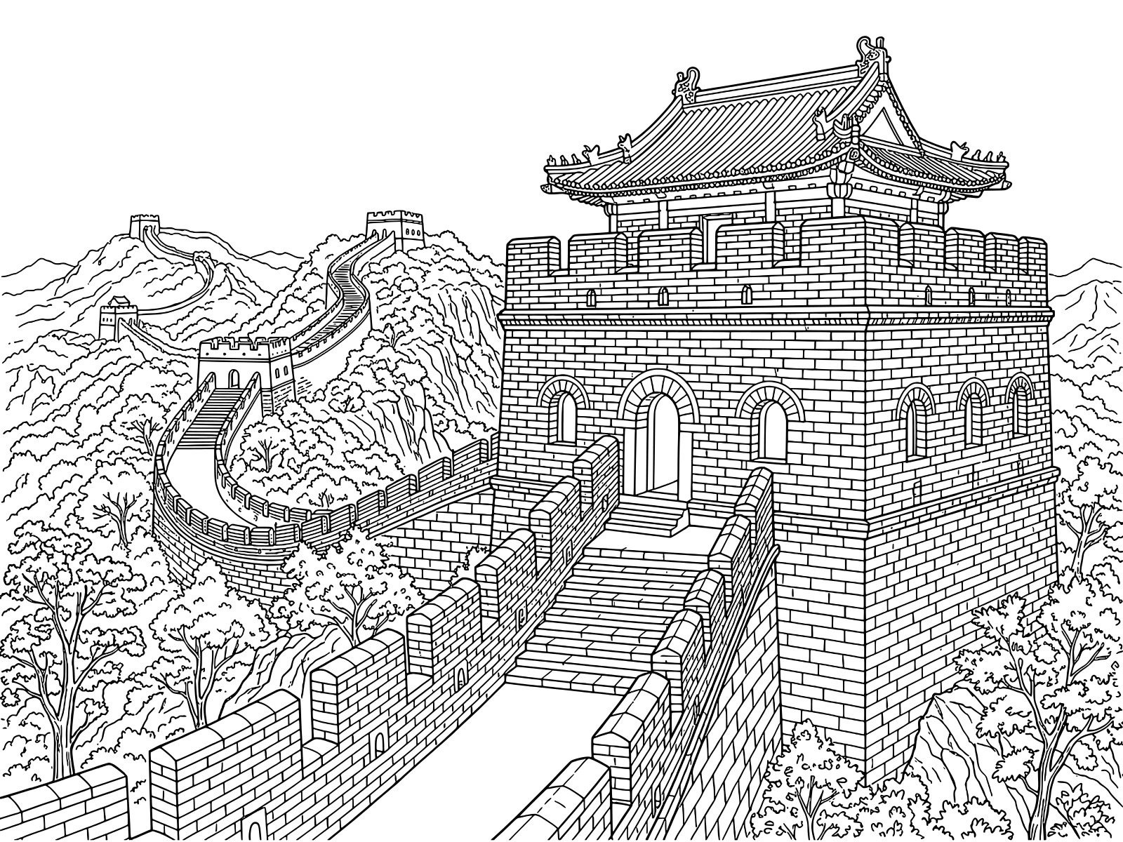 万里の長城の無料塗り絵イラスト（知育・高齢者レク用）