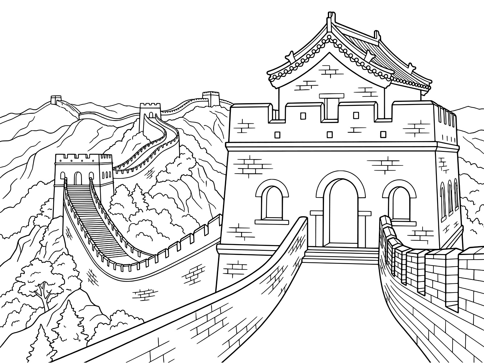 万里の長城の無料塗り絵イラスト（知育・高齢者レク用）