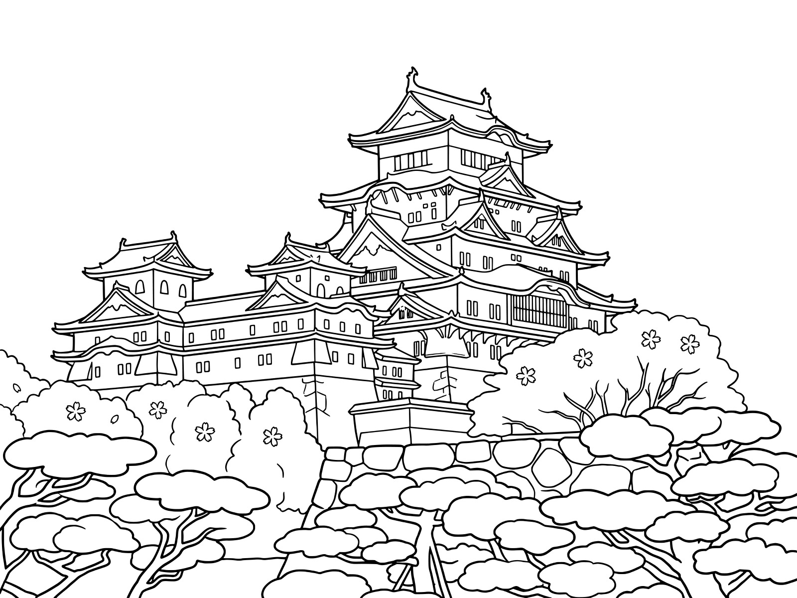 Free printable Himeji Castle with cherry blossoms coloring page