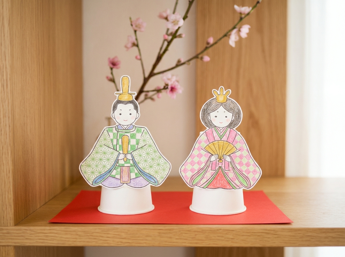 ひな祭りの塗り絵で作る「飾れるおひなさま」