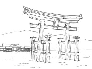 Free printable The Great Torii Gate of Itsukushima Shrine, the Sea, and the Main Shrine Buildings coloring page