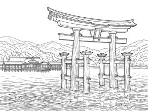 厳島神社の大鳥居の無料塗り絵イラスト（知育・高齢者レク用）