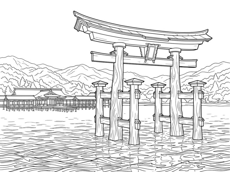 Free printable The Great Torii of Itsukushima Shrine coloring page