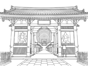 浅草寺の雷門 仲見世通りの無料塗り絵イラスト（知育・高齢者レク用）
