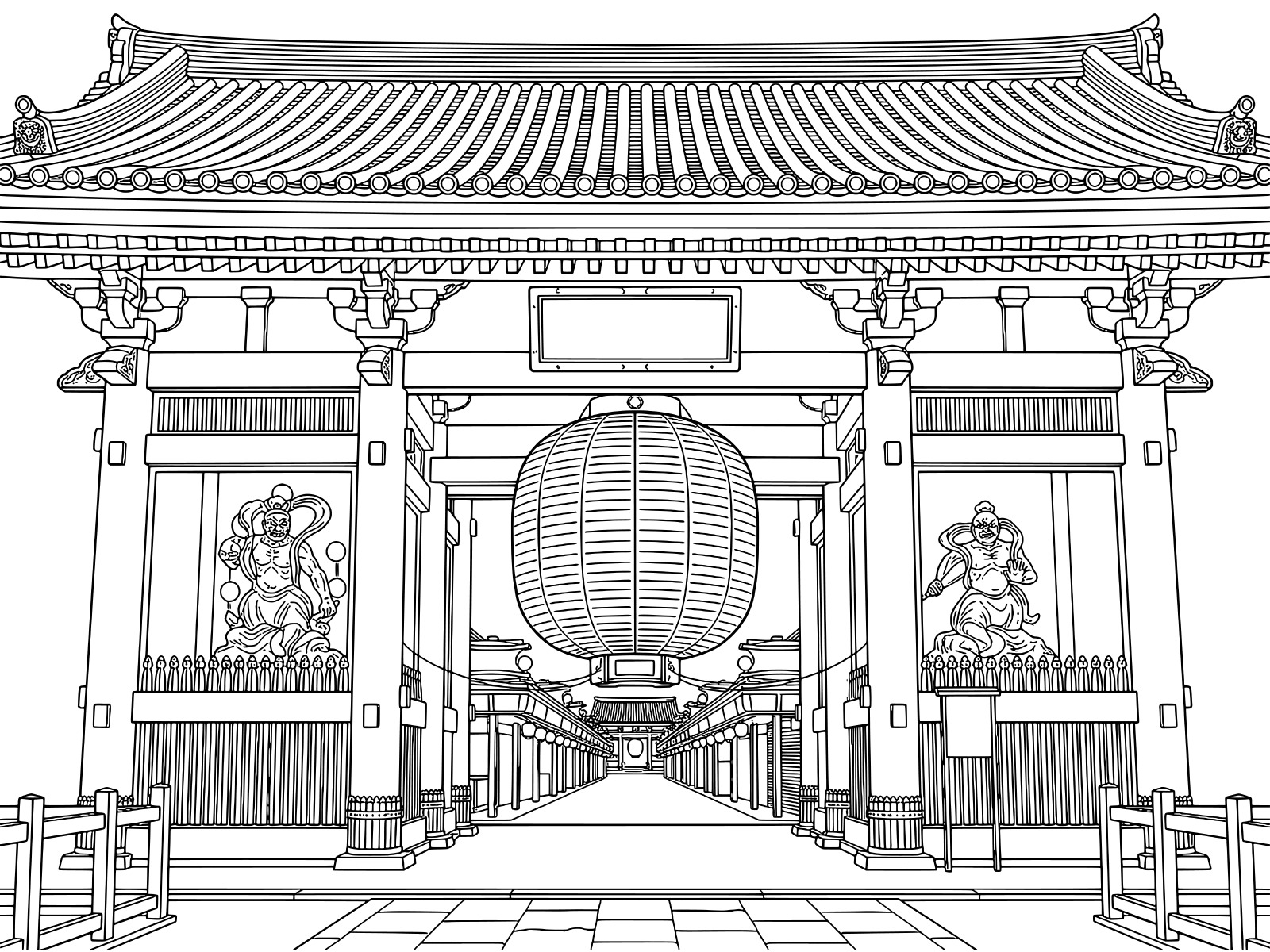 浅草寺の雷門の無料塗り絵イラスト（知育・高齢者レク用）