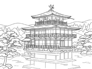 金閣寺 鏡湖池の無料塗り絵イラスト（知育・高齢者レク用）
