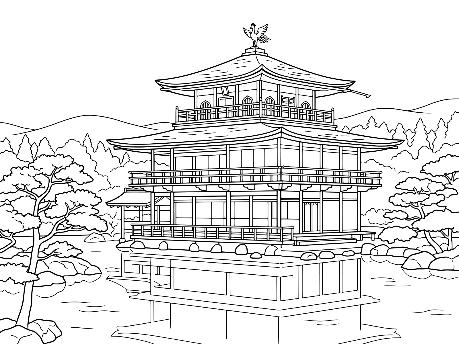 Free printable Kinkaku-ji and Kyoko-chi Pond coloring page