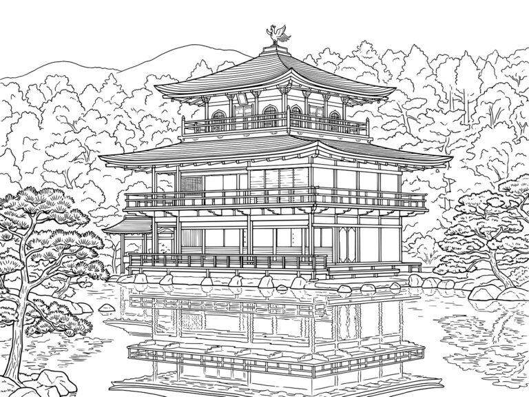 金閣寺の無料塗り絵イラスト（知育・高齢者レク用）