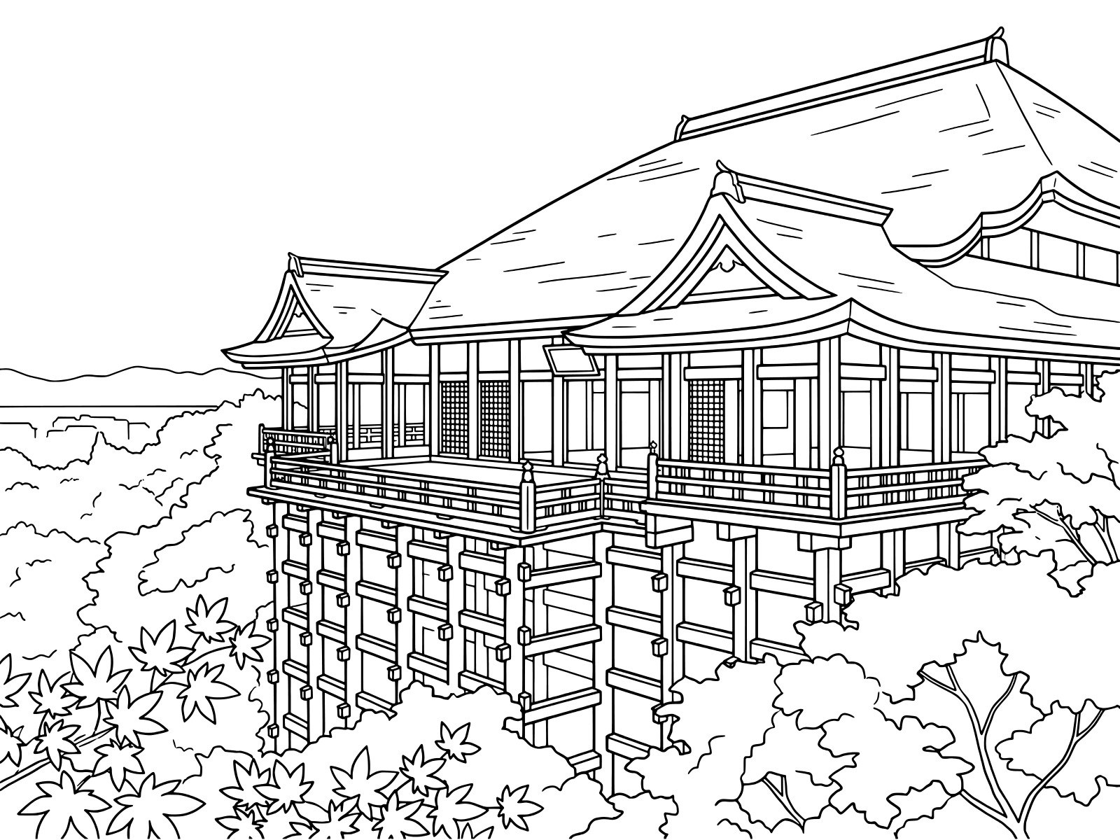 Free printable Kiyomizu-dera Temple Autumn Leaves coloring page