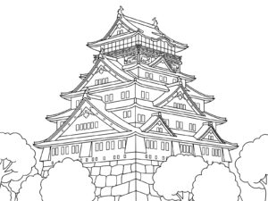 大阪城 石垣と木々の無料塗り絵イラスト（知育・高齢者レク用）