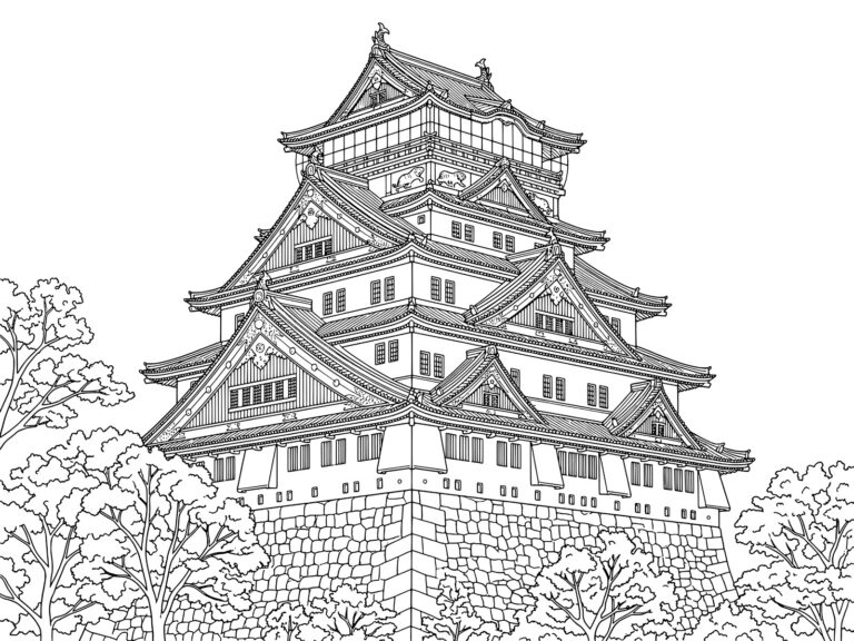 大阪城の無料塗り絵イラスト（知育・高齢者レク用）