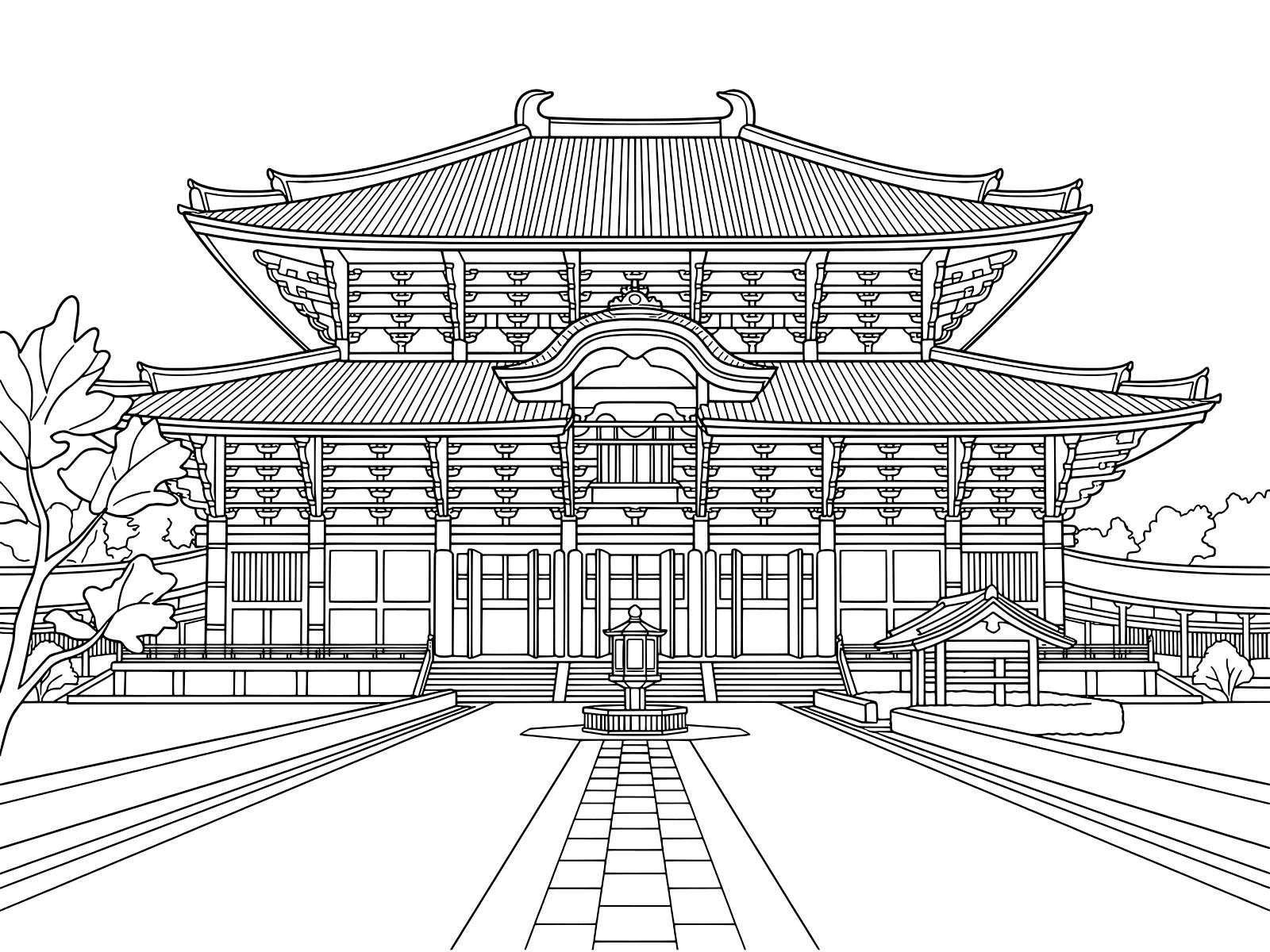 東大寺の大仏殿 参道の無料塗り絵イラスト（知育・高齢者レク用）