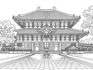 東大寺の大仏殿の無料塗り絵イラスト（知育・高齢者レク用）