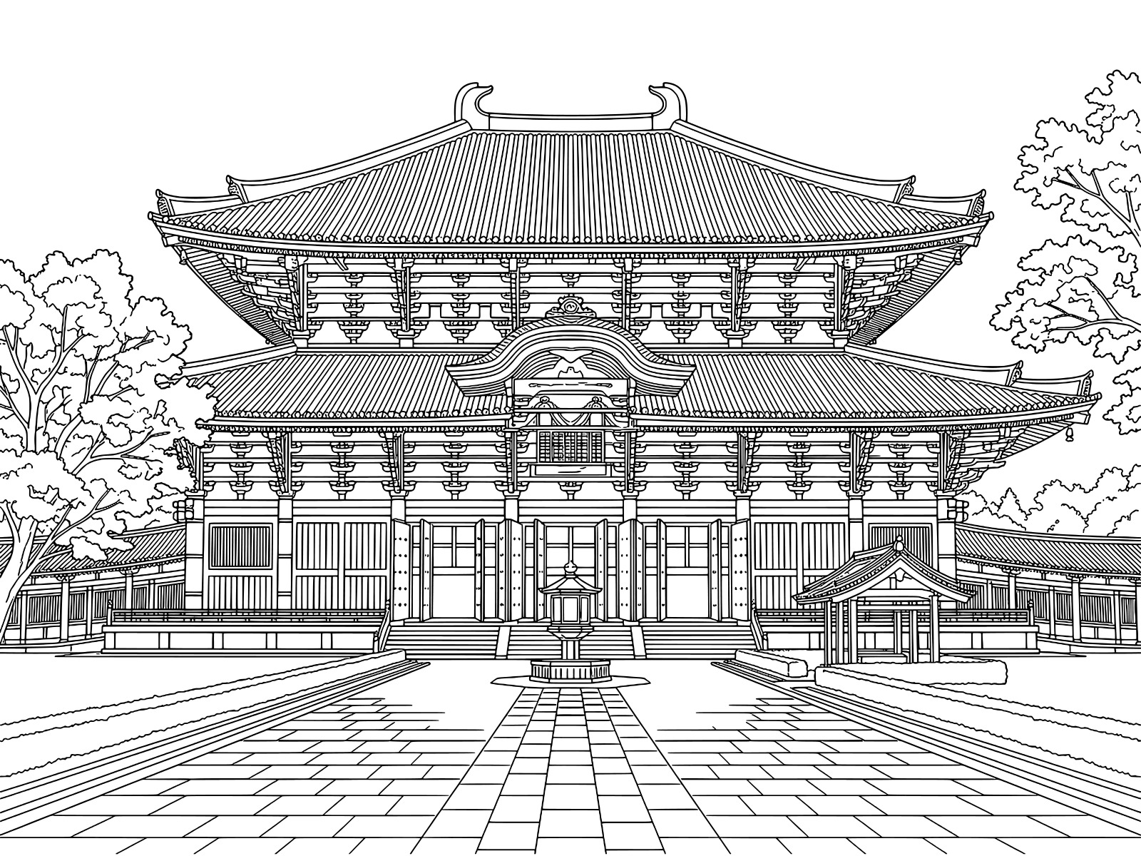 東大寺の大仏殿の無料塗り絵イラスト（知育・高齢者レク用）