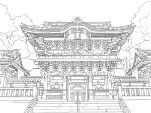 日光東照宮の陽明門 杉並木の無料塗り絵イラスト（知育・高齢者レク用）