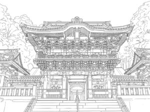日光東照宮の陽明門の無料塗り絵イラスト（知育・高齢者レク用）
