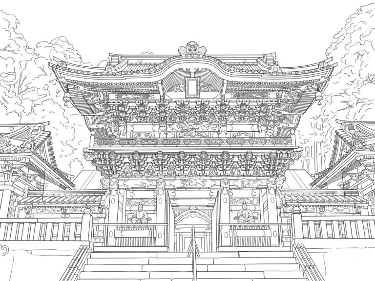 日光東照宮の陽明門の無料塗り絵イラスト（知育・高齢者レク用）