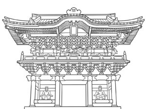 日光東照宮の陽明門の無料塗り絵イラスト（知育・高齢者レク用）