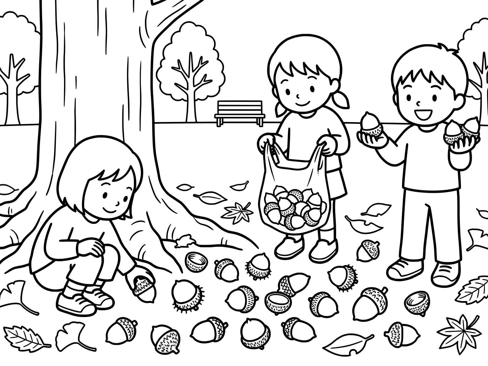 Free printable Acorn gathering coloring page