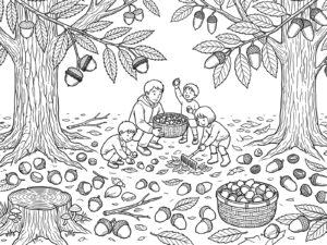 どんぐり拾いの無料塗り絵イラスト（知育・高齢者レク用）