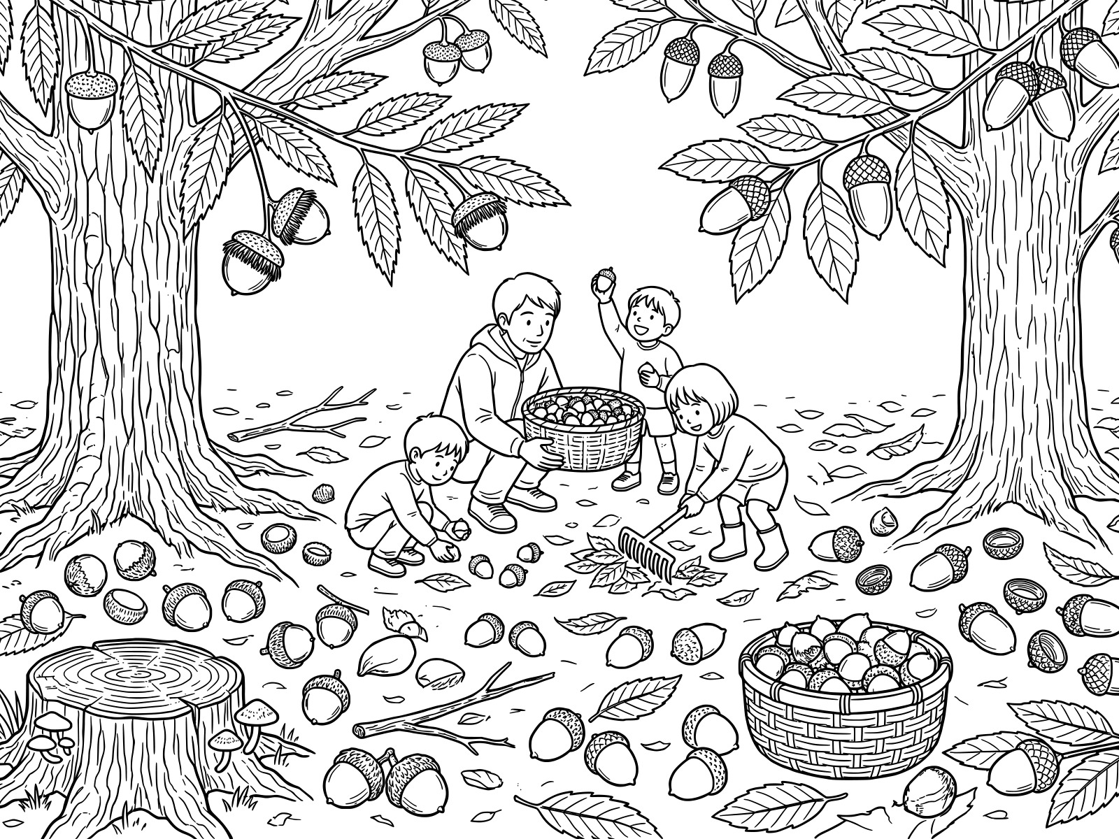 Free printable Gathering Acorns in a Copse (Detailed) coloring page
