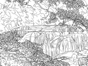 袋田の滝の無料塗り絵イラスト（知育・高齢者レク用）