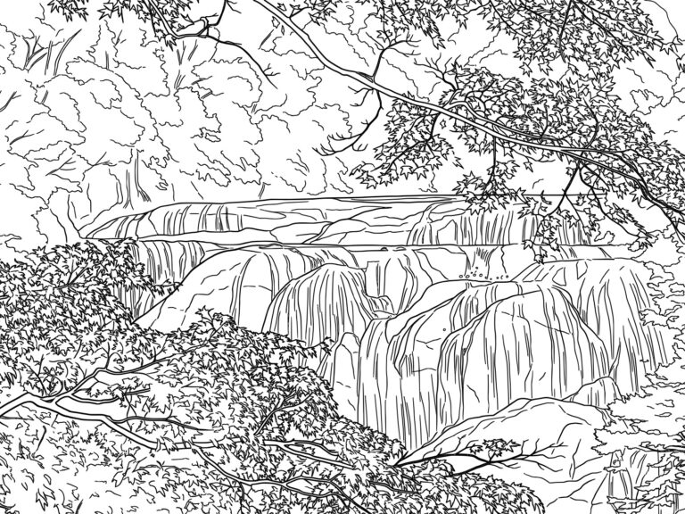 袋田の滝の無料塗り絵イラスト（知育・高齢者レク用）