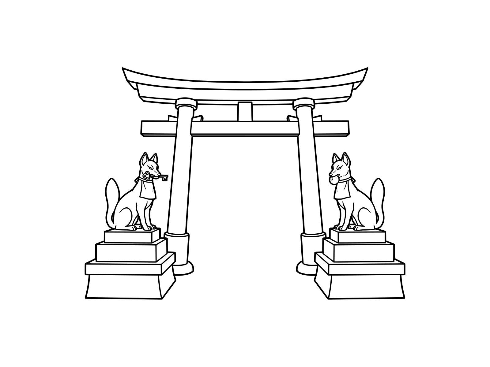 Free printable Torii gates and fox statues at an Inari shrine coloring page