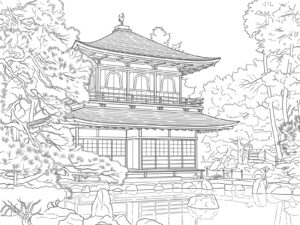 銀閣寺の無料塗り絵イラスト（知育・高齢者レク用）