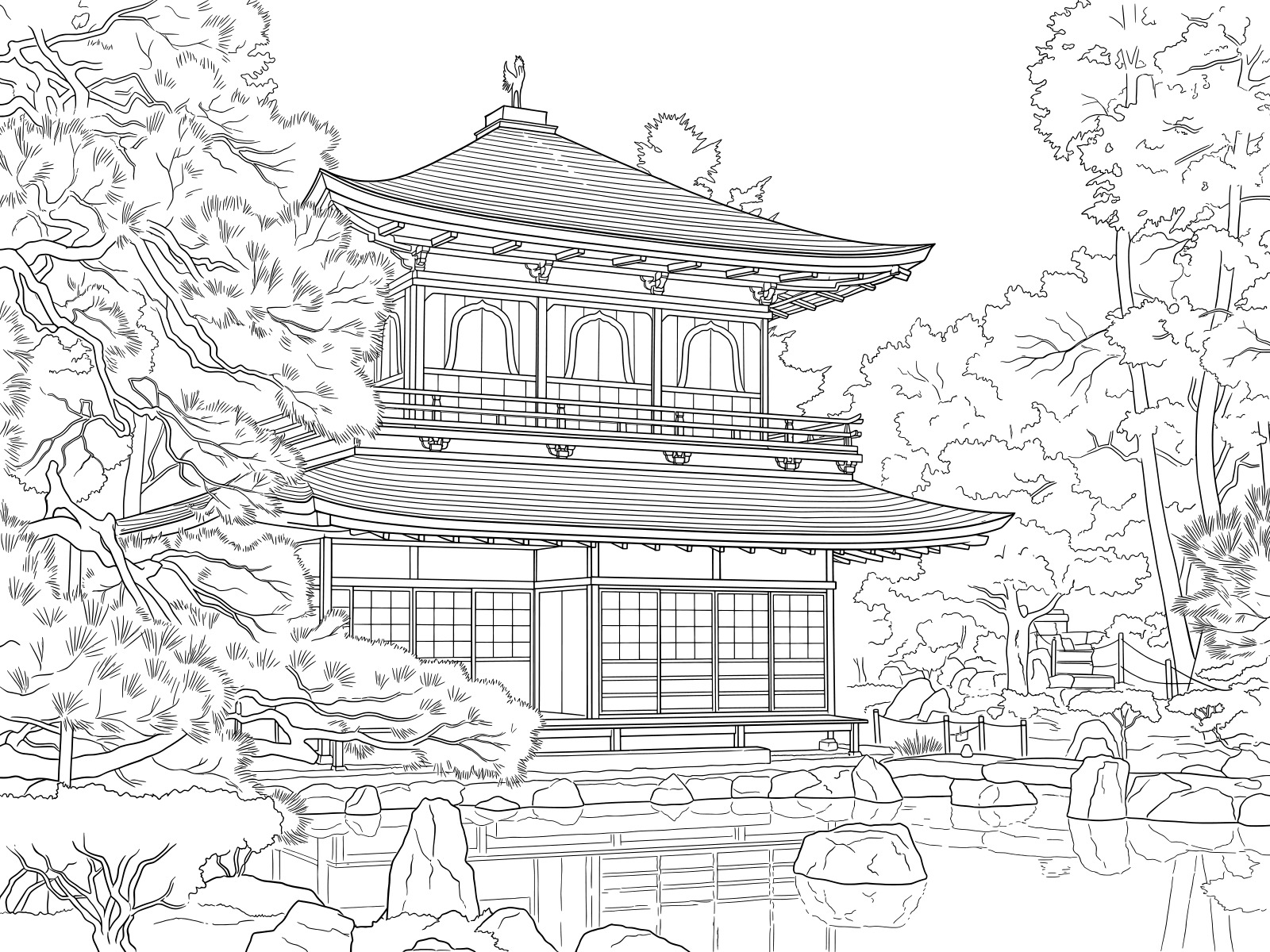 銀閣寺の無料塗り絵イラスト（知育・高齢者レク用）
