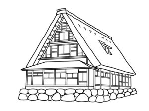 Free printable Gassho-style houses of Gokayama coloring page