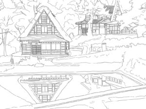 Free printable Ainokura Gassho-zukuri Reflection in Rice Paddies coloring page