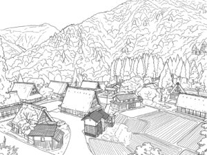 Free printable Gokayama Gassho-zukuri Historic Village coloring page
