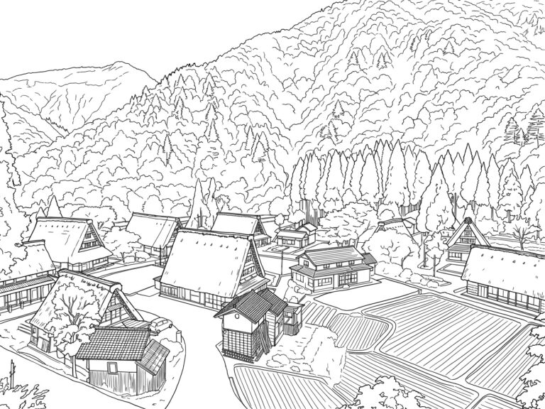 Free printable Gokayama Gassho-zukuri Historic Village coloring page