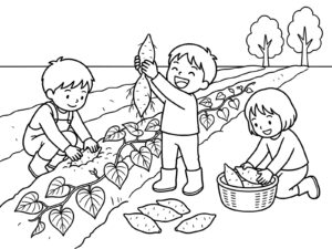 芋掘りの無料塗り絵イラスト（知育・高齢者レク用）