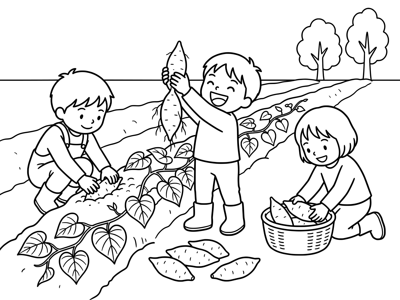 芋掘りの無料塗り絵イラスト（知育・高齢者レク用）