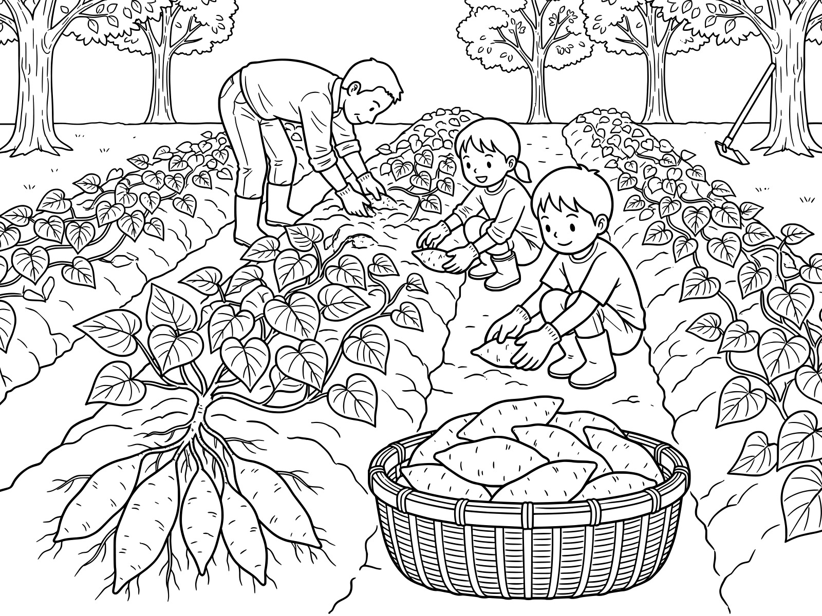 芋掘りの無料塗り絵イラスト（知育・高齢者レク用）
