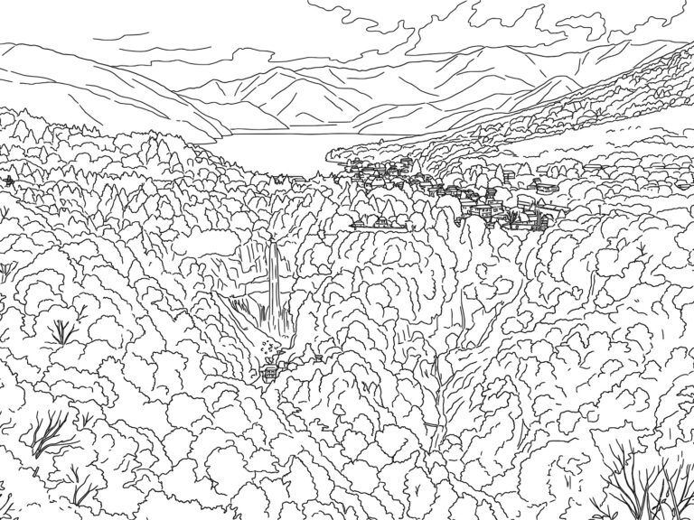 日光のいろは坂の無料塗り絵イラスト（知育・高齢者レク用）