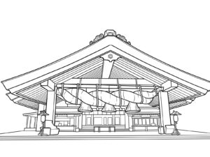 出雲大社の神楽殿と大しめ縄の無料塗り絵イラスト（知育・高齢者レク用）