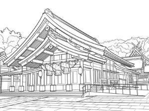 出雲大社の拝殿の無料塗り絵イラスト（知育・高齢者レク用）