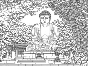 Free printable Autumn Leaves and the Great Buddha of Kamakura (Detailed) coloring page