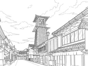 Free printable Kawagoe Time Bell Tower and Kurazukuri Townscape coloring page