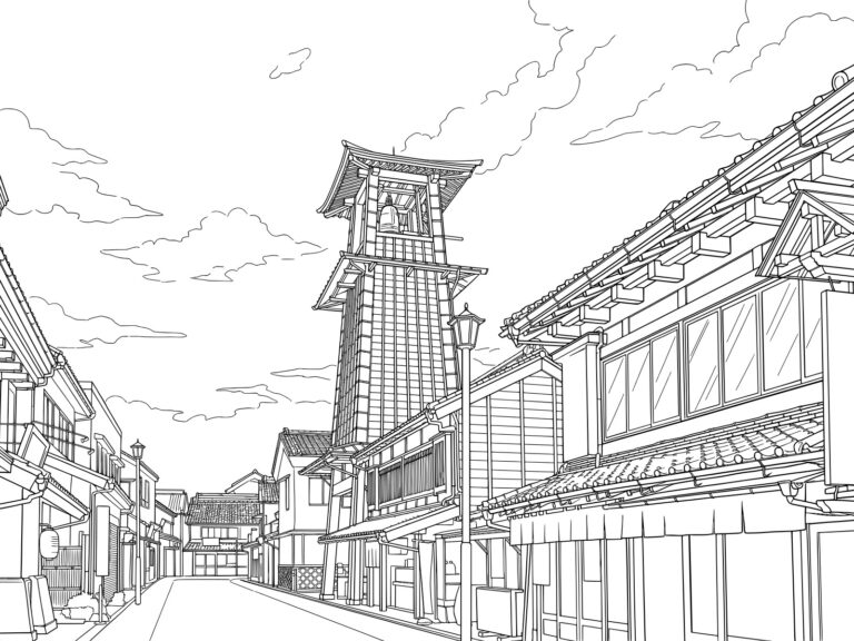 Free printable Kawagoe Time Bell Tower and Kurazukuri Townscape coloring page