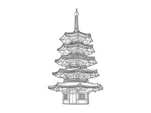 川崎大師の八角五重塔の無料塗り絵イラスト（知育・高齢者レク用）