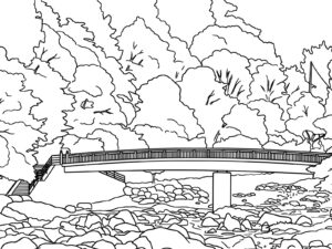 紅葉と待月橋の無料塗り絵イラスト（知育・高齢者レク用）