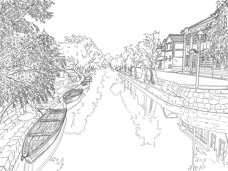 Free printable Kurashiki Bikan Historical Canal Area coloring page
