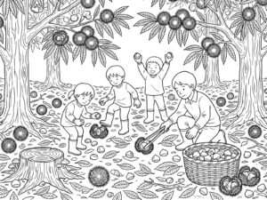 栗拾いの無料塗り絵イラスト（知育・高齢者レク用）